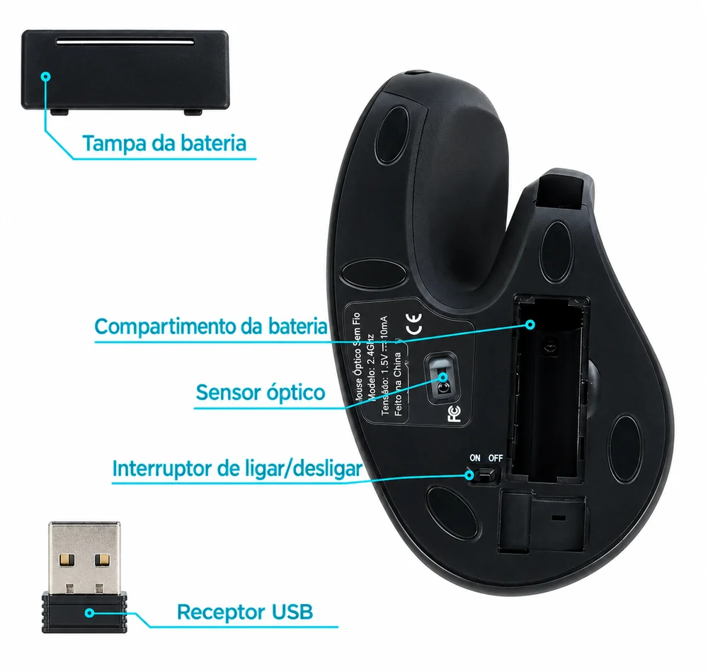 Imagem 3 de 5 do produto Mouse Optico Vertical Sem Fio Modelo Luva