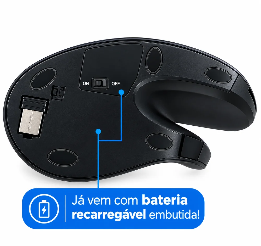 Imagem 3 de 5 do produto Mouse Óptico Vertical Mão Direita Bluetooth Com Bateria Recarregavel