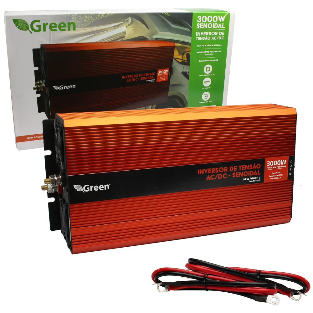 Inversor Off Grid Solar Green, 12v, 3000W, USB 5V 2.1A, 127V