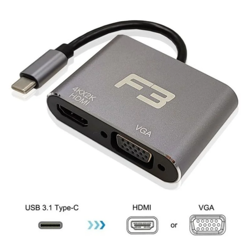 Imagem 3 de 5 do produto Cabo Adaptador 2 Em 1 Usb-c 3.1 Type-c Para HDMI 4k E Vga Jc-tyc-hdmivga F3