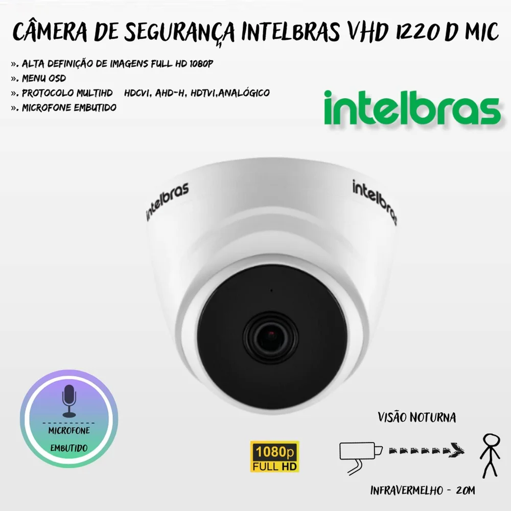 Kit Cftv 8 Câmeras Segurança Dome 1220 Full Hd Com Audio Microfone Dvr Mhdx 1008c Intelbras 1TB.