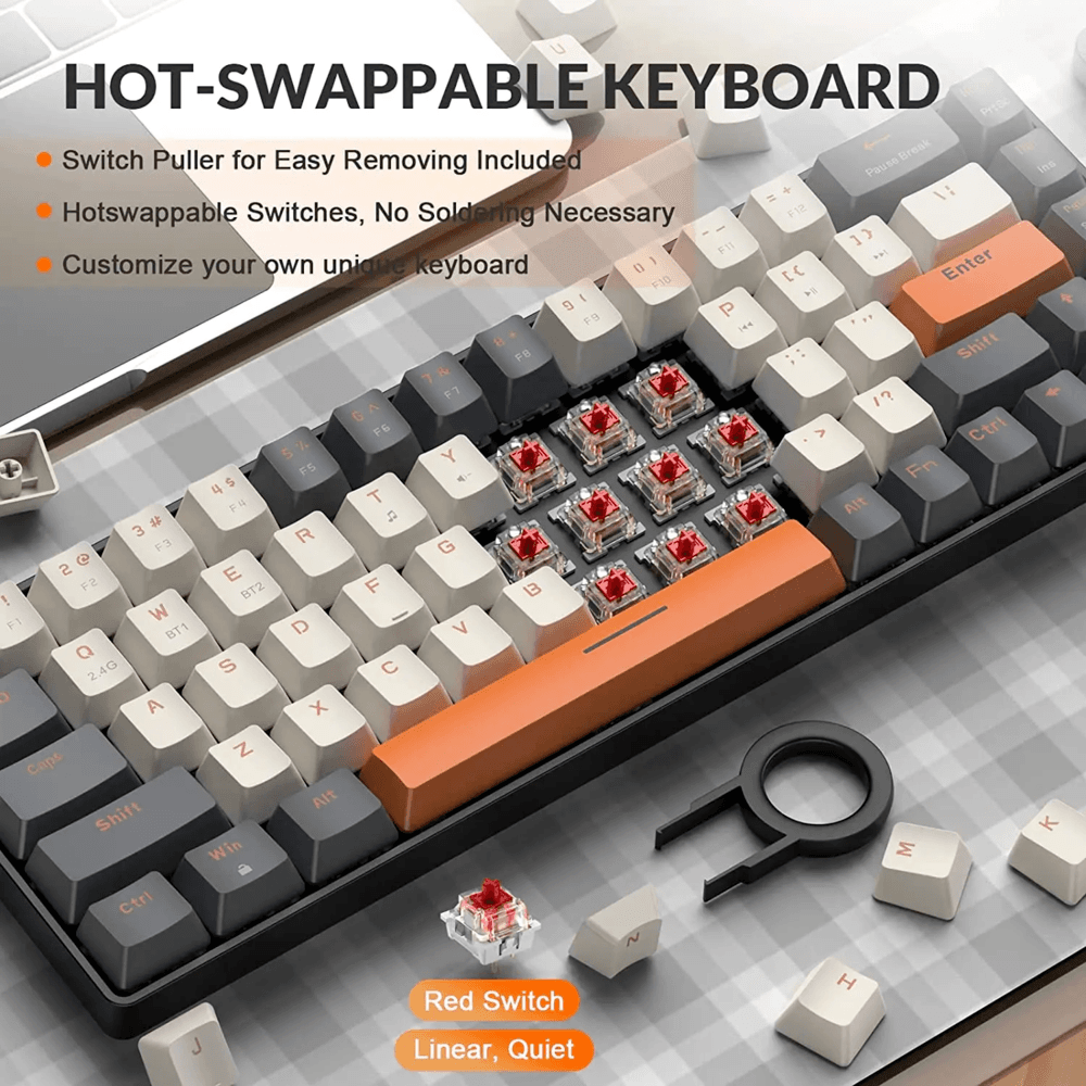 Imagem 2 de 5 do produto Teclado Mecanico K68 Mini Teclado Mecânico Formato 60% Sem Fio, Teclas Removíveis, Bluetooth1,bluetooth 2, 2.4g
