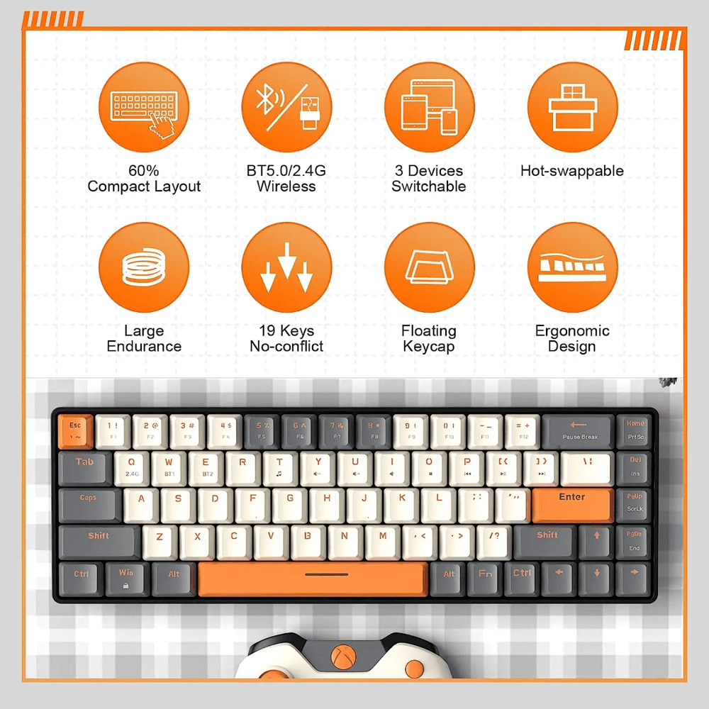 Imagem 5 de 5 do produto Teclado Mecanico K68 Mini Teclado Mecânico Formato 60% Sem Fio, Teclas Removíveis, Bluetooth1,bluetooth 2, 2.4g