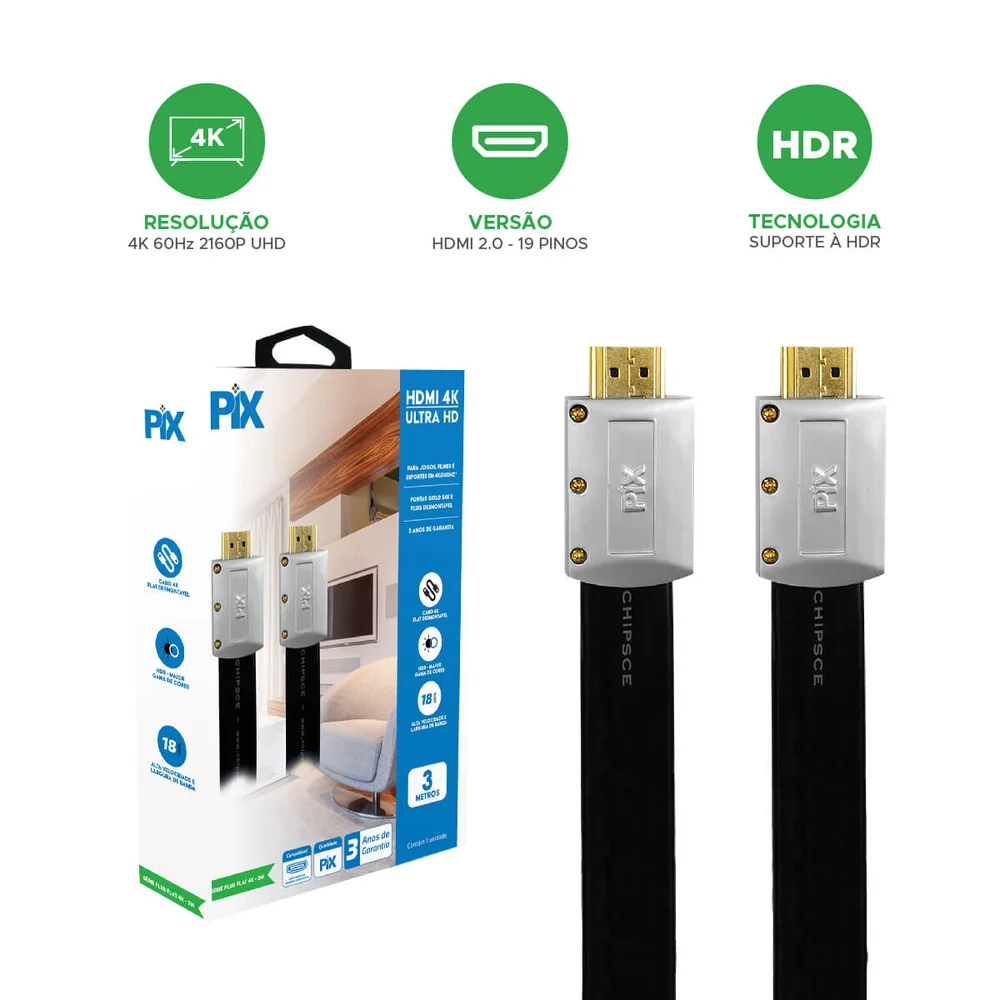Imagem 4 de 5 do produto Cabo HDMI 3m 2.0 4k Ultrahd 3d 2160p Desmontável Conduíte