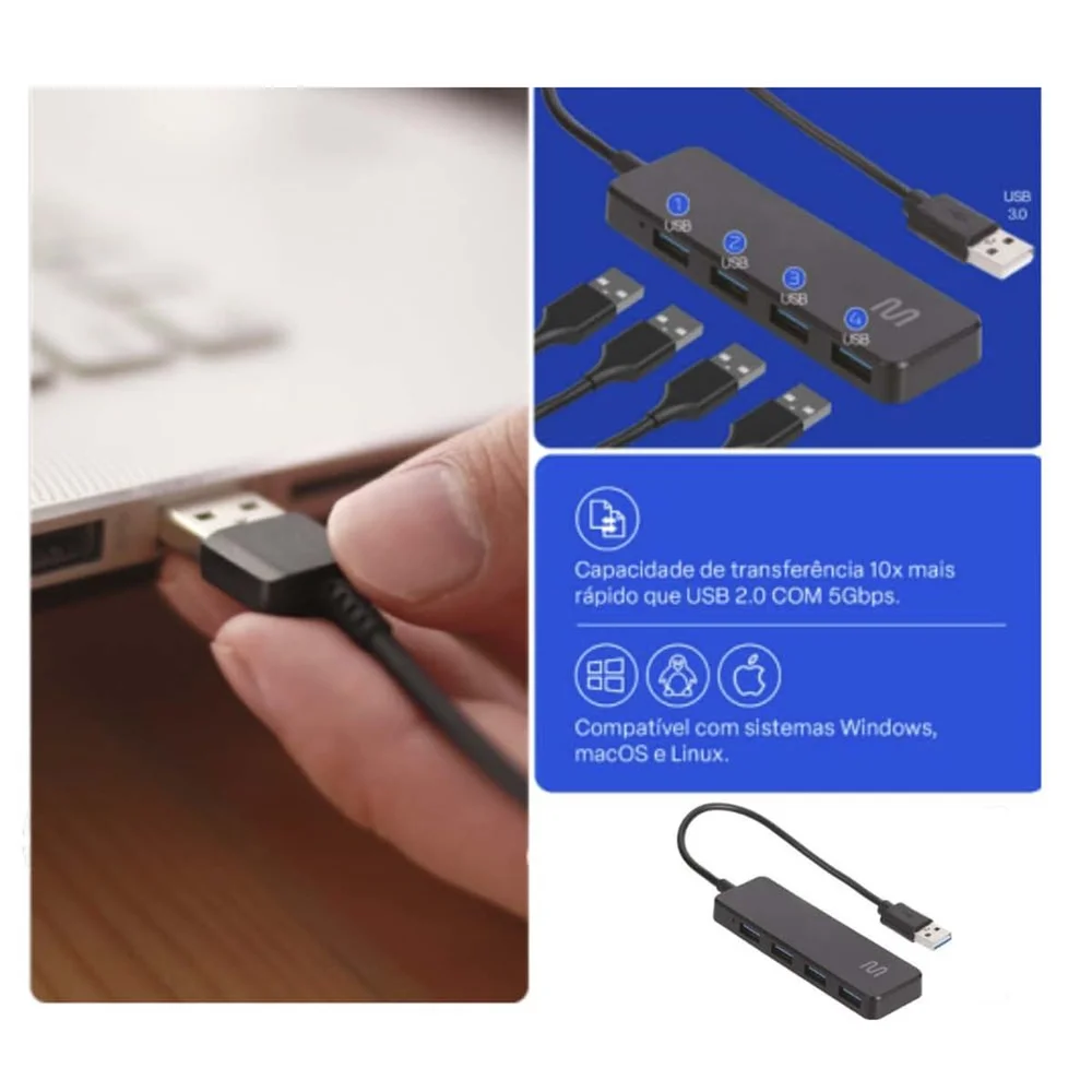 Imagem 4 de 5 do produto Hub Usb 3.0 Multi Ac444 4 Portas 5gbps - Preto