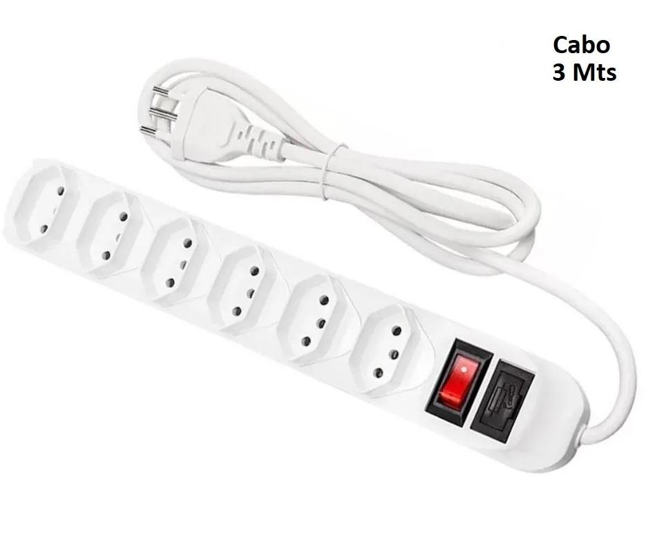 Filtro De Linha Régua Extensão Com 6 Tomadas 2p+t Com Cabo 3 Mts Bivolt