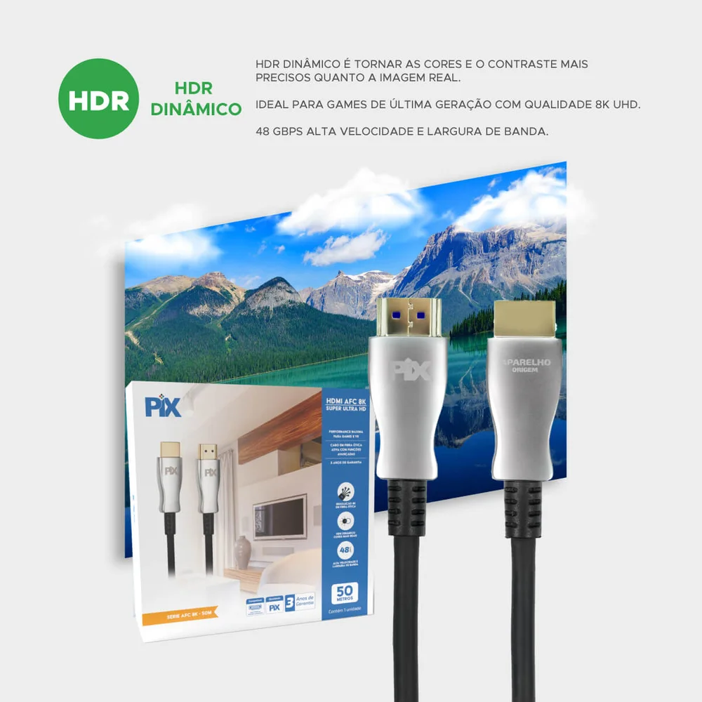 Imagem 2 de 5 do produto Cabo HDMI 2.1 8k Pix, Fibra Ótica, 50 Metros