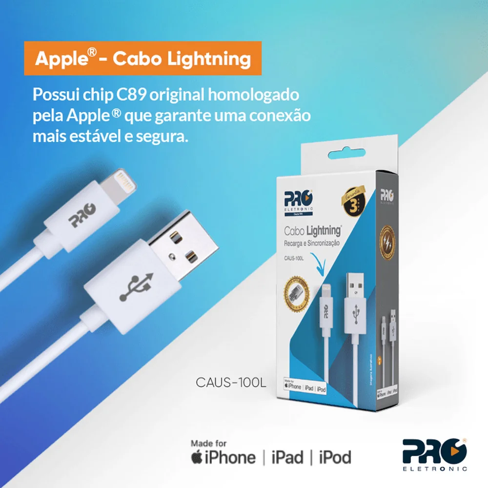 Imagem 3 de 3 do produto Cabo Proeletronic Carregador USB Lightning Iphone 2.4a 1m Casu-100l Branco