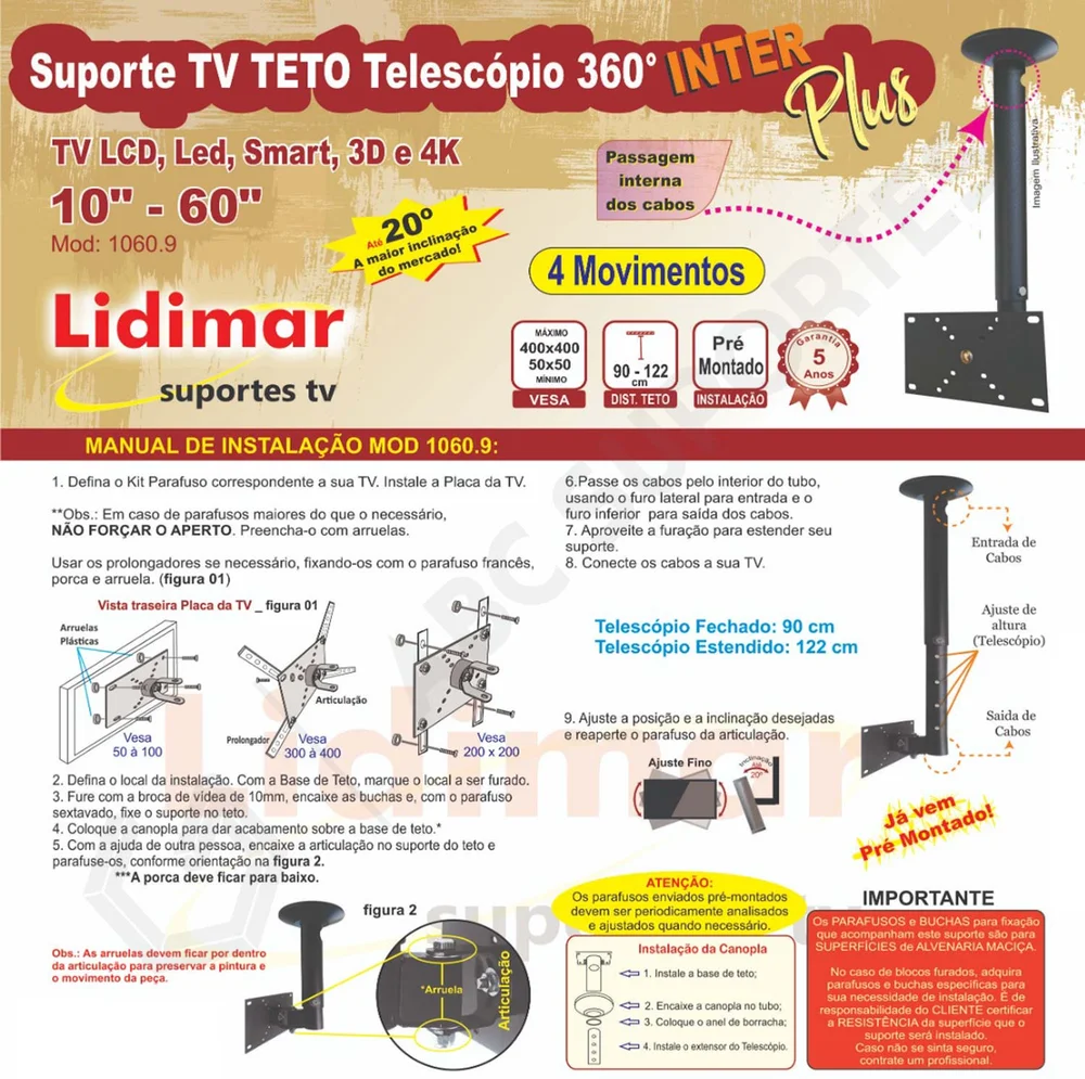 Imagem 3 de 5 do produto Suporte Tv Teto Telescópio 360° Inter Plus 10" À 60" Lidimar 1060.9b Cor:branco