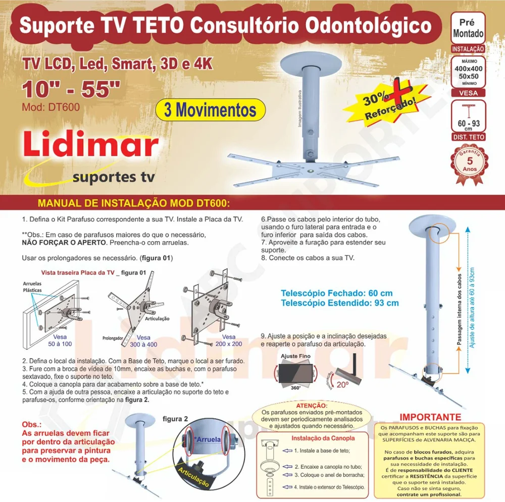 Imagem 3 de 5 do produto Suporte Tv Teto Com Inclinação Para Consultório Odontológico / Hospitalar 10 À 55 " - Lidimar Dt600 Cor:branco