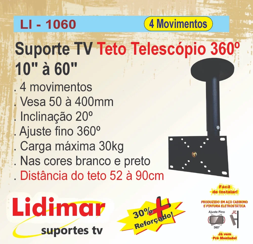 Imagem 3 de 5 do produto Suporte TV Teto ou Rack Telescópio 360° REFORÇADO 10 à 60 Polegadas - Lidimar 1060C Prata