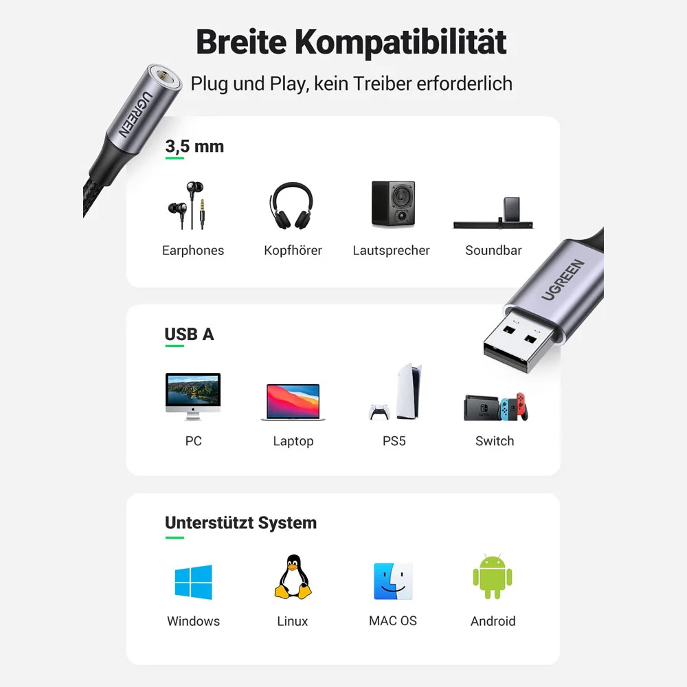 Imagem 4 de 5 do produto Adaptador Áudio Ugreen Usb A Macho P/3.5mm Fêmea Preto