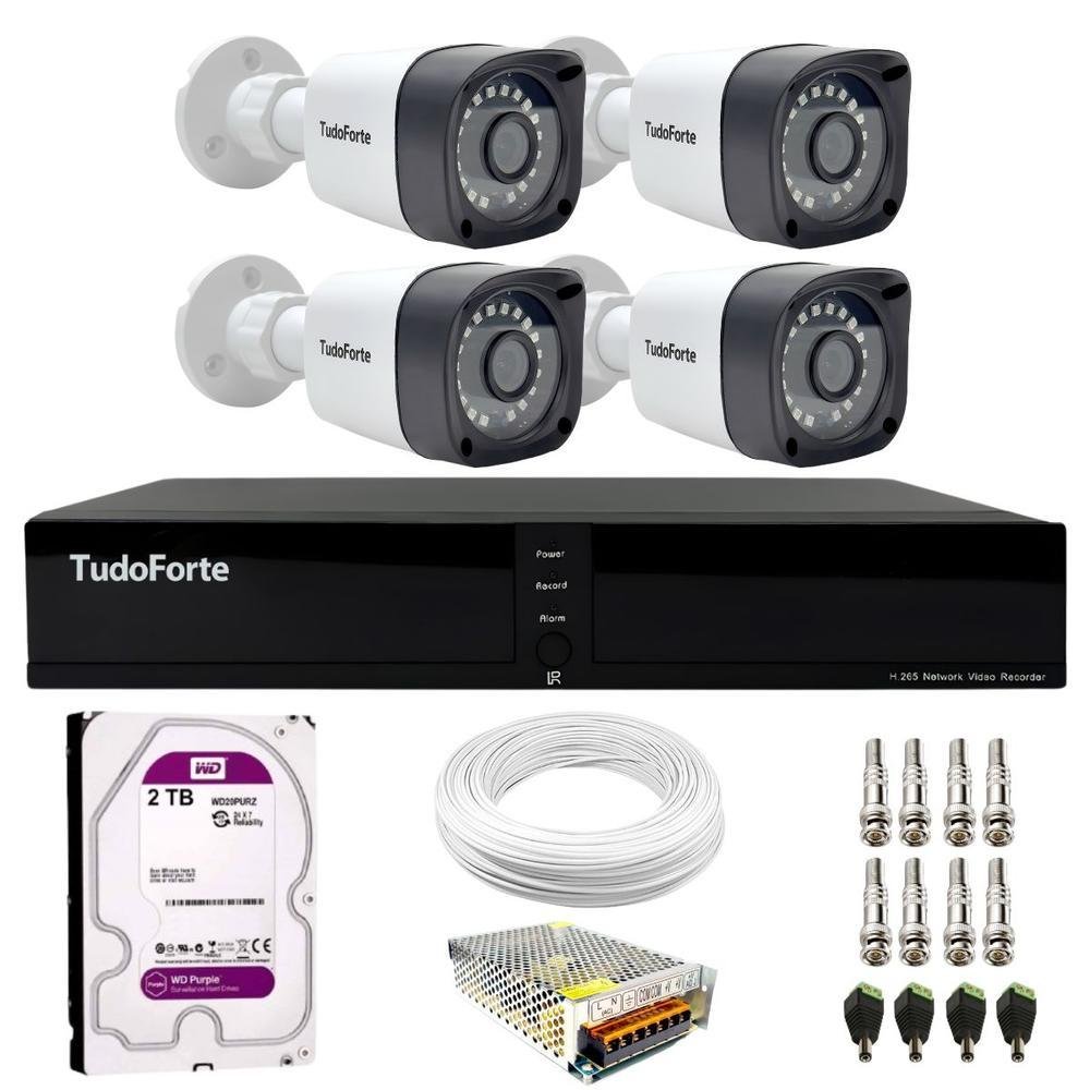 Kit 4 Câmeras Tudo Forte Tf 1220 B Full Hd 1080p Bullet Com Visão Noturna 20m Proteção Ip66 + Dvr Tudo Forte TFULL HDx 3304 4 Canais + Hd 2TB Purple