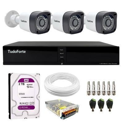 Kit 3 Câmeras Tudo Forte Tf 1220 B Full Hd 1080p Bullet Com Visão Noturna 20m Proteção Ip66 + Dvr Tudo Forte TFULL HDx 3304 4 Canais + Hd 2TB Purple