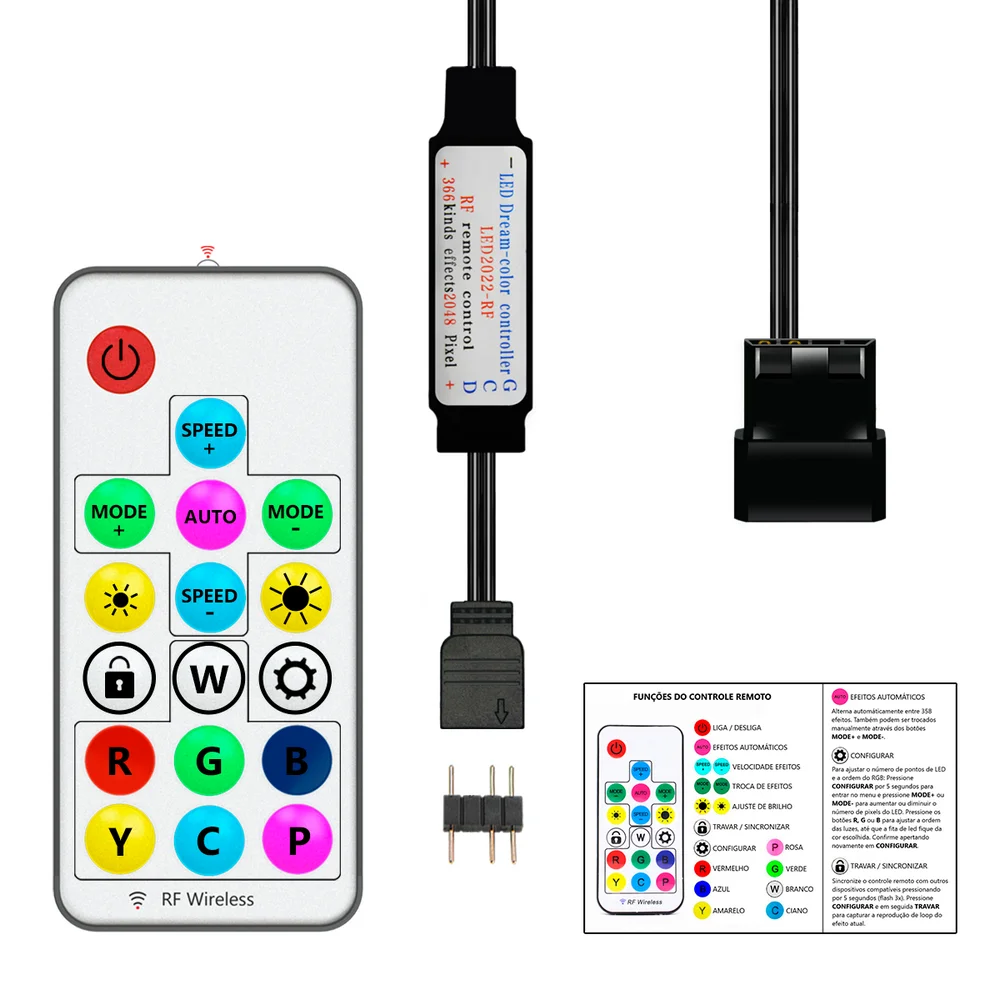 Controladora de Led ARGB, Padrão 3 Pinos, 5V, Alimentação MOLEX, Para Cooler Fan e Dispositivos de Led, Com Controle Remoto 7