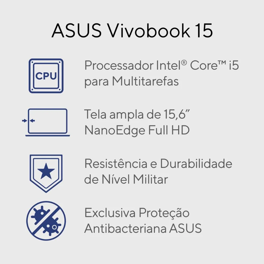 Notebook Asus Vivobook 15 X1504za Intel Core i5 1235u, 8GB RAM, SSD 512GB, Tela 15,6" Fhd, Windows 11, Silver - Nj986w Notebook Asus Vivobook 15 X1504za Intel Core i5 1235u, 8GB RAM, SSD 512GB, Tela 15,6" Fhd, Windows 11, Silver - Nj986w