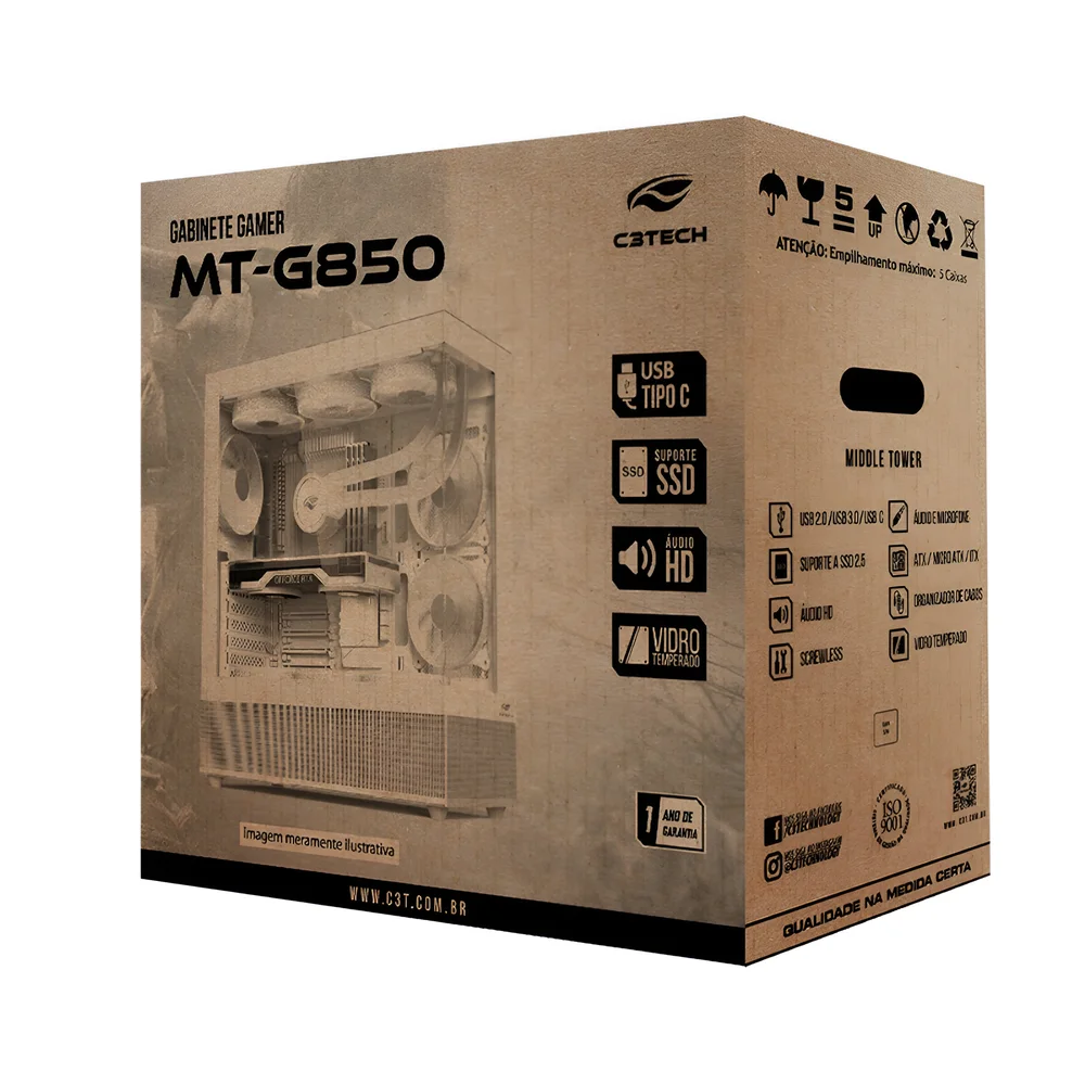 Imagem 3 de 5 do produto Gabinete Gamer C3tech Mt-g850wh Mid Tower, Vidro Temperado