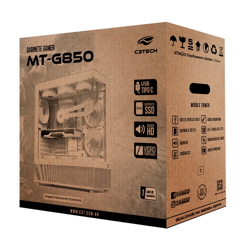 Imagem 5 de 5 do produto Gabinete Gamer C3tech Mt-g850wh Mid Tower, Vidro Temperado