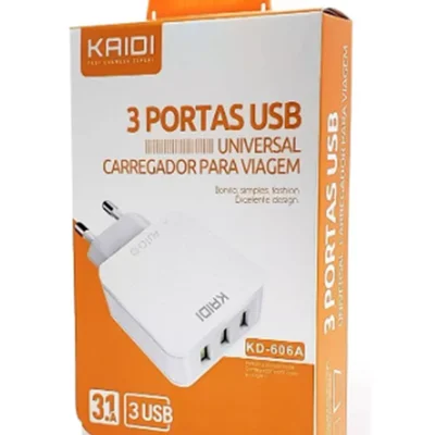 Carregador de Celular Kaidi, 3 Portas USB 3.1A, Branco - KD-606a
