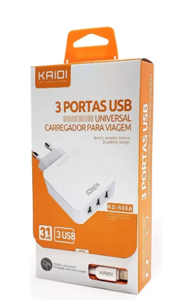 Carregador de Celular Kaidi, 3 Portas USB 3.1A, Branco - KD-606a