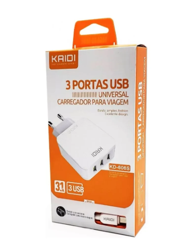 Carregador Celular Kaidi, 3 Portas, Micro Usb V8 3.1a, Branco - Kd-606s