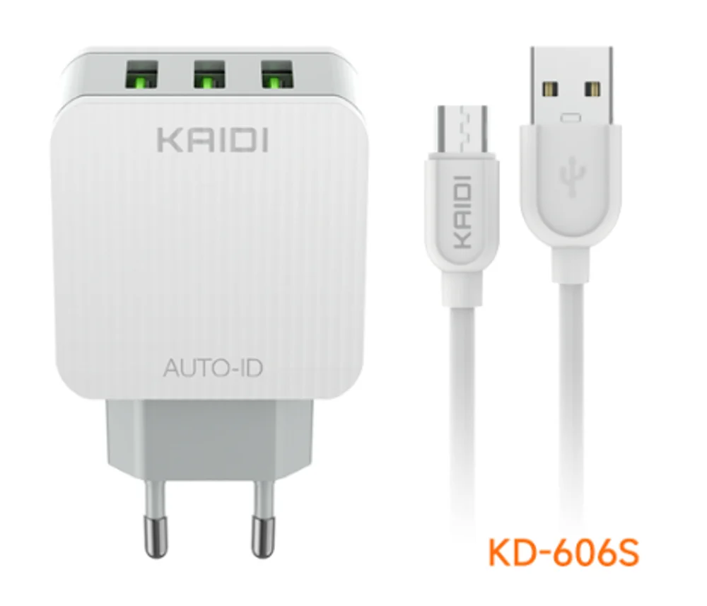 Imagem 2 de 3 do produto Carregador Celular Kaidi, 3 Portas, Micro Usb V8 3.1a, Branco - Kd-606s