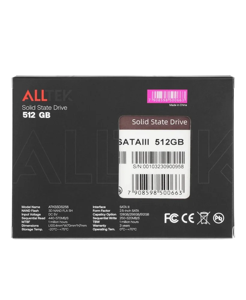 Imagem 3 de 5 do produto Hd SSD 512gb Alltek 2.5 Sata Ill 6 Gbs - 3 Anos Preto 512gb