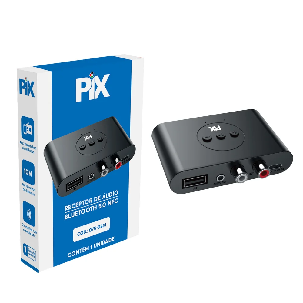 Receptor de Áudio Pix, Bluetooth 5.0, NFC, USB- C, Entrada P2 e RCA