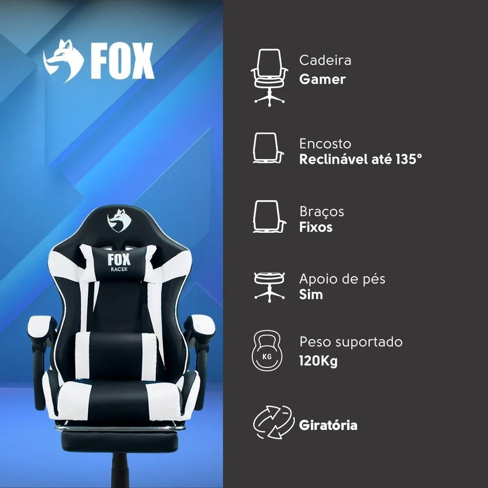 Imagem 5 de 5 do produto Cadeira Gamer Fox Racer Zerda, Branco, Com Apoio De Pe