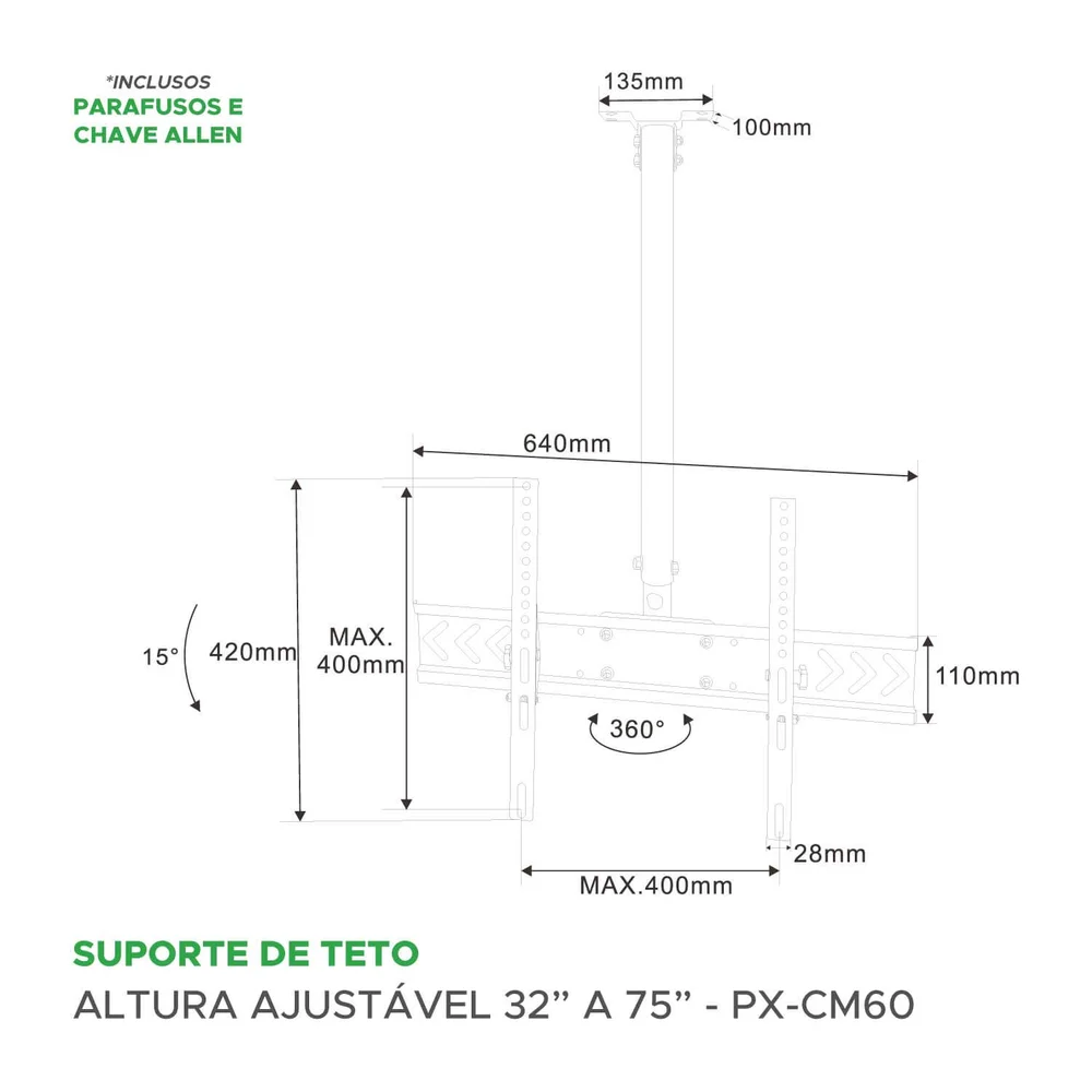 Imagem 2 de 5 do produto Suporte De Teto Pix, Para Tv, Monitor De 32" Até 75", Altura Ajustável