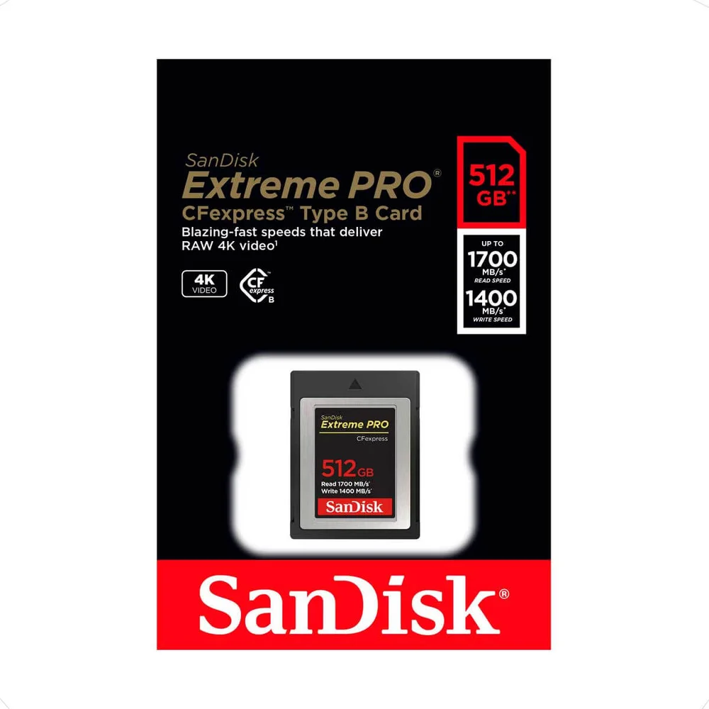 Cartão de Memória Sandisk Extreme Pro Cfexpress Tipo B 512GB, Velocidade de Leitura: Máximo de 1700 Mb/s, e Velocidade de Escrita: Máximo de 1400 Mb/s
