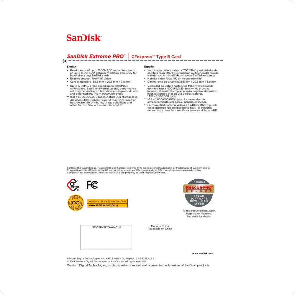 Cartão de Memória Sandisk Extreme Pro Cfexpress Tipo B 512GB, Velocidade de Leitura: Máximo de 1700 Mb/s, e Velocidade de Escrita: Máximo de 1400 Mb/s