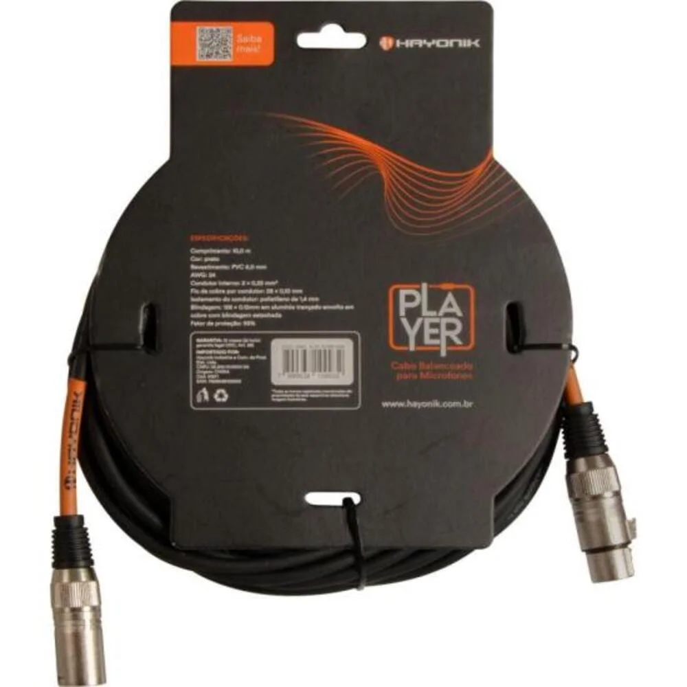 Imagem 2 de 5 do produto Cabo Hayonik, Para Microfone Player XLR (F) x XLR (M), Preto, 10 Metros