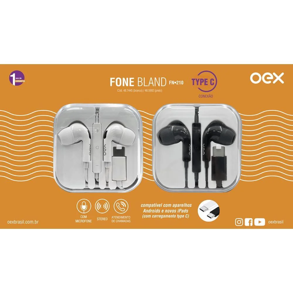 Imagem 2 de 3 do produto Fone De Ouvido Com Fio Oex, Bland, USB-C, Branco- Fn210