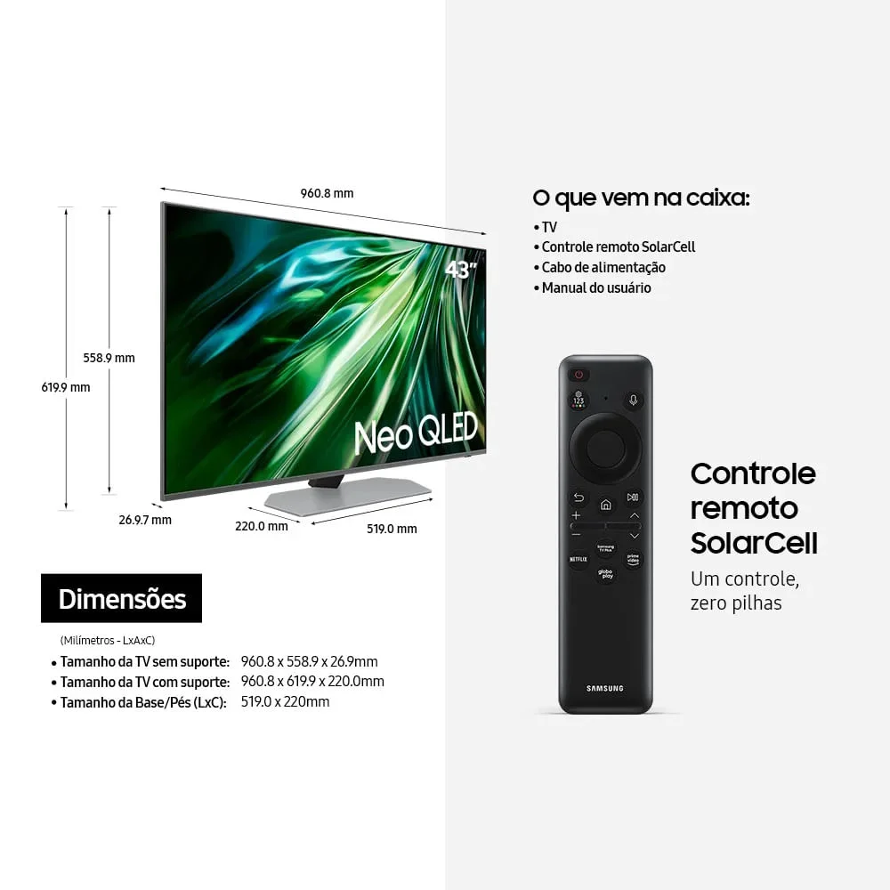 Imagem 2 de 5 do produto Smart TV 43 Polegadas Samsung Ai Gaming, Neo QLED 4K, Processador Com AI, Upscaling 4k, Mini LED, Painel Até 144hz, Alexa Built In - 43qn90d