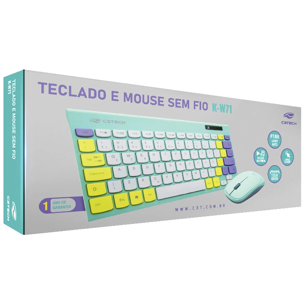 Imagem 4 de 5 do produto Kit Teclado e Mouse C3tech Sem Fio 2,4GHz USB, Nano Verde, com Teclas de Membrana e Mouse Óptico de Alta Precisão