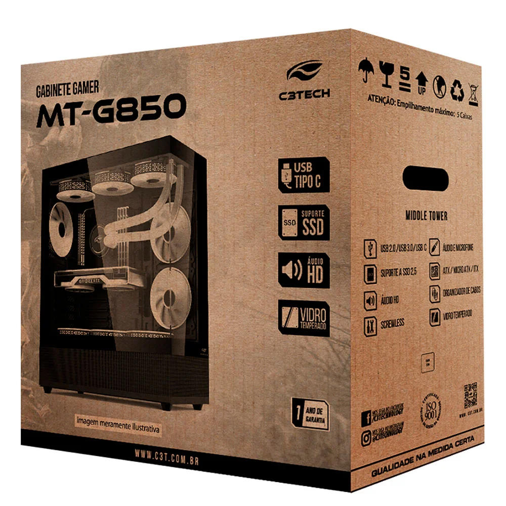 Imagem 2 de 5 do produto Gabinete Gamer C3tech, Mid Tower, RGB, Com Fan, Lateral e Frontal Em Vidro - Mt-g850bk