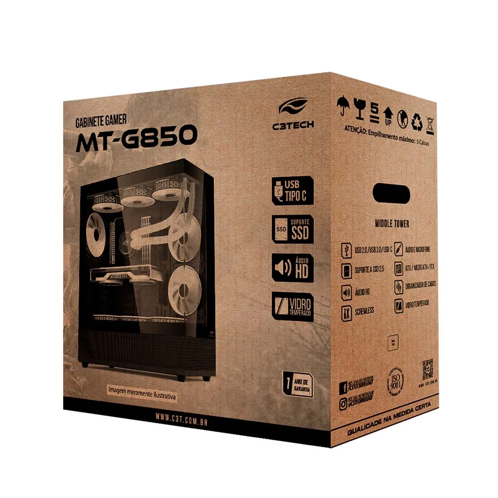 Imagem 4 de 5 do produto Gabinete Gamer C3tech, Mid Tower, RGB, Com Fan, Lateral e Frontal Em Vidro - Mt-g850bk
