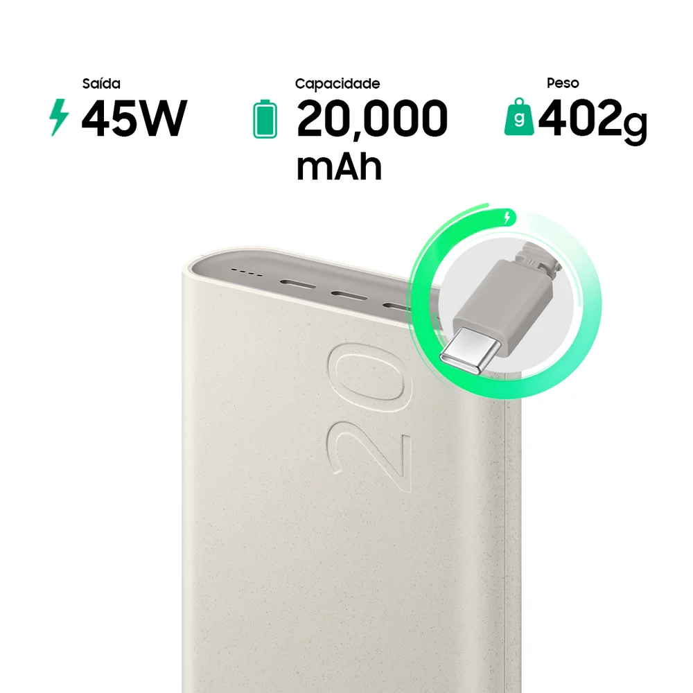 Imagem 4 de 5 do produto Bateria Carregador Portatil, 20000mAh, Super Rápida, 45W, 3x USB-C, Bege