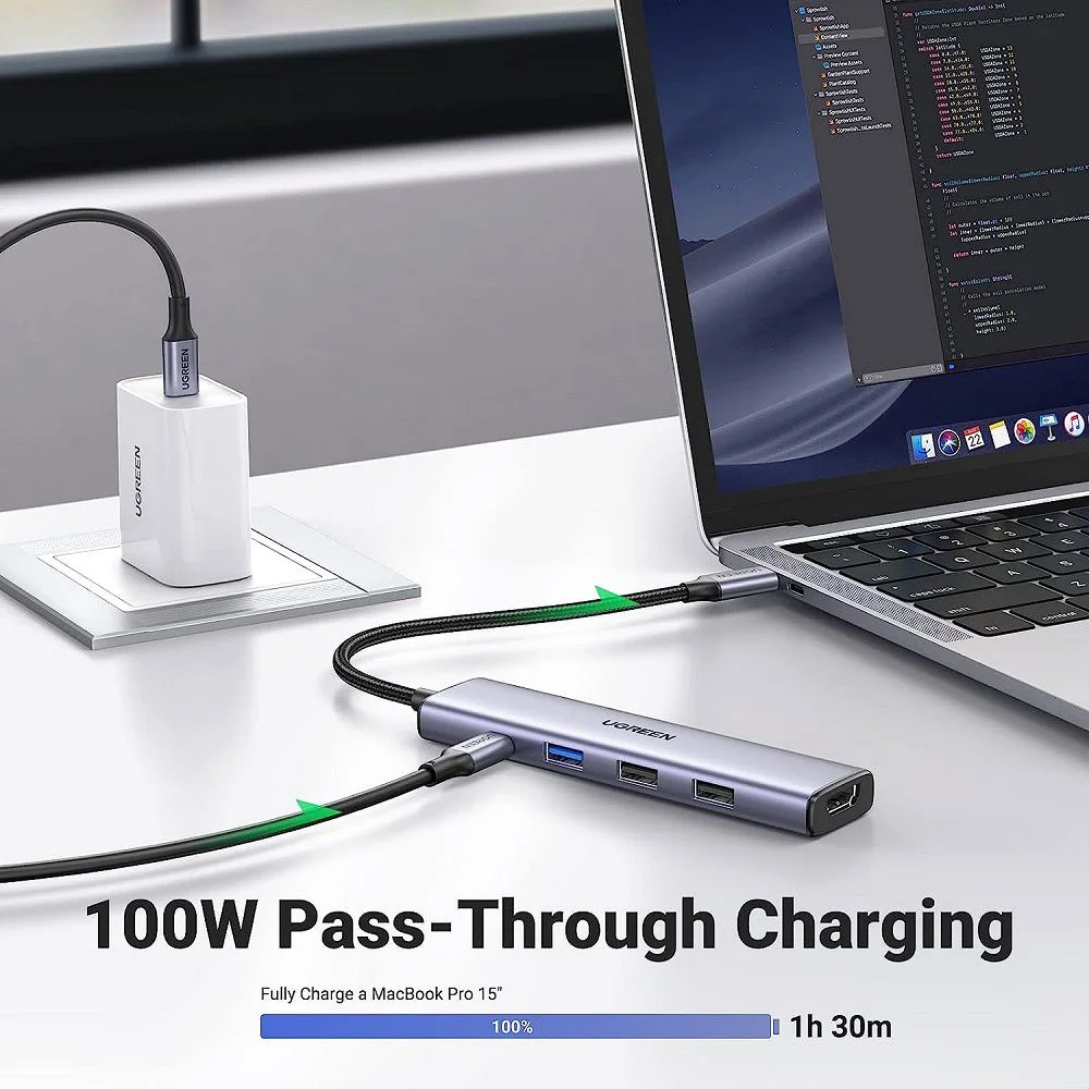 Imagem 3 de 5 do produto Hub Adaptador Ugreen 5 Em 1 Para Usb C + 100w Power Delivery