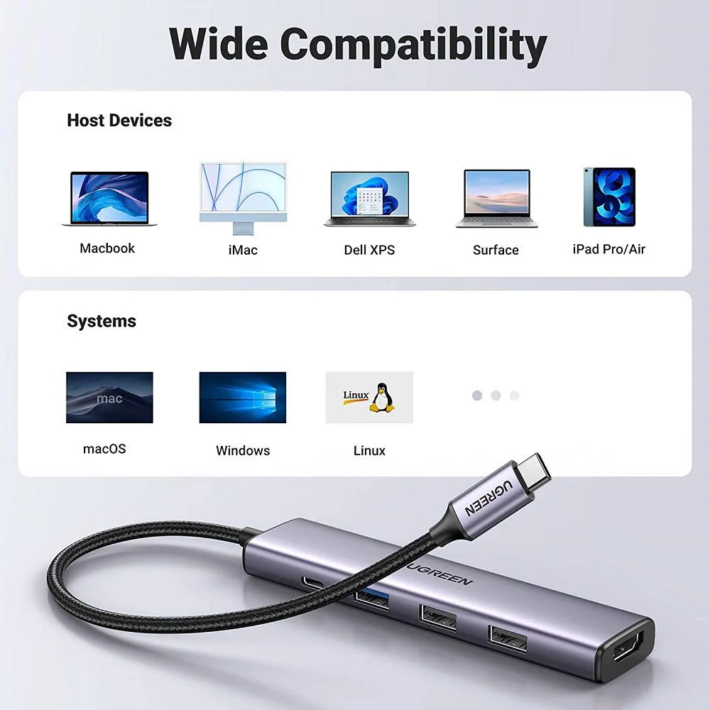 Imagem 4 de 5 do produto Hub Adaptador Ugreen 5 Em 1 Para Usb C + 100w Power Delivery