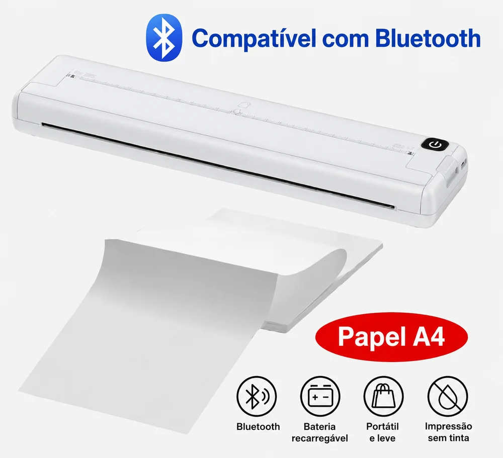Impressora Térmica A4 Portátil Bluetooth Sem Tinta | Compatível Com Android, Iphone E PC
