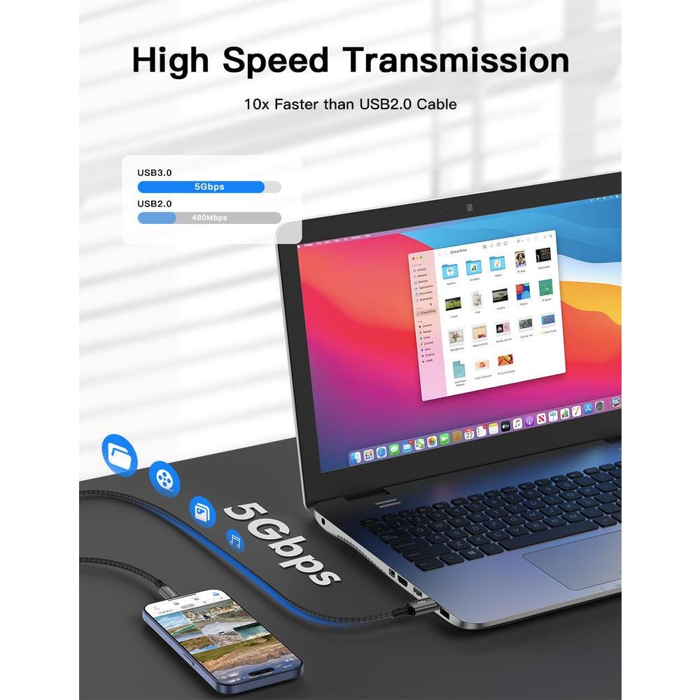 Imagem 3 de 5 do produto Cabo USB-C 3.0 Turbo Hubonic, 1 Metro, Carregamento Rápido, 5V/3Ah, Cabo De Dados, 5GBps, Nylon, Android, Iphone Premium