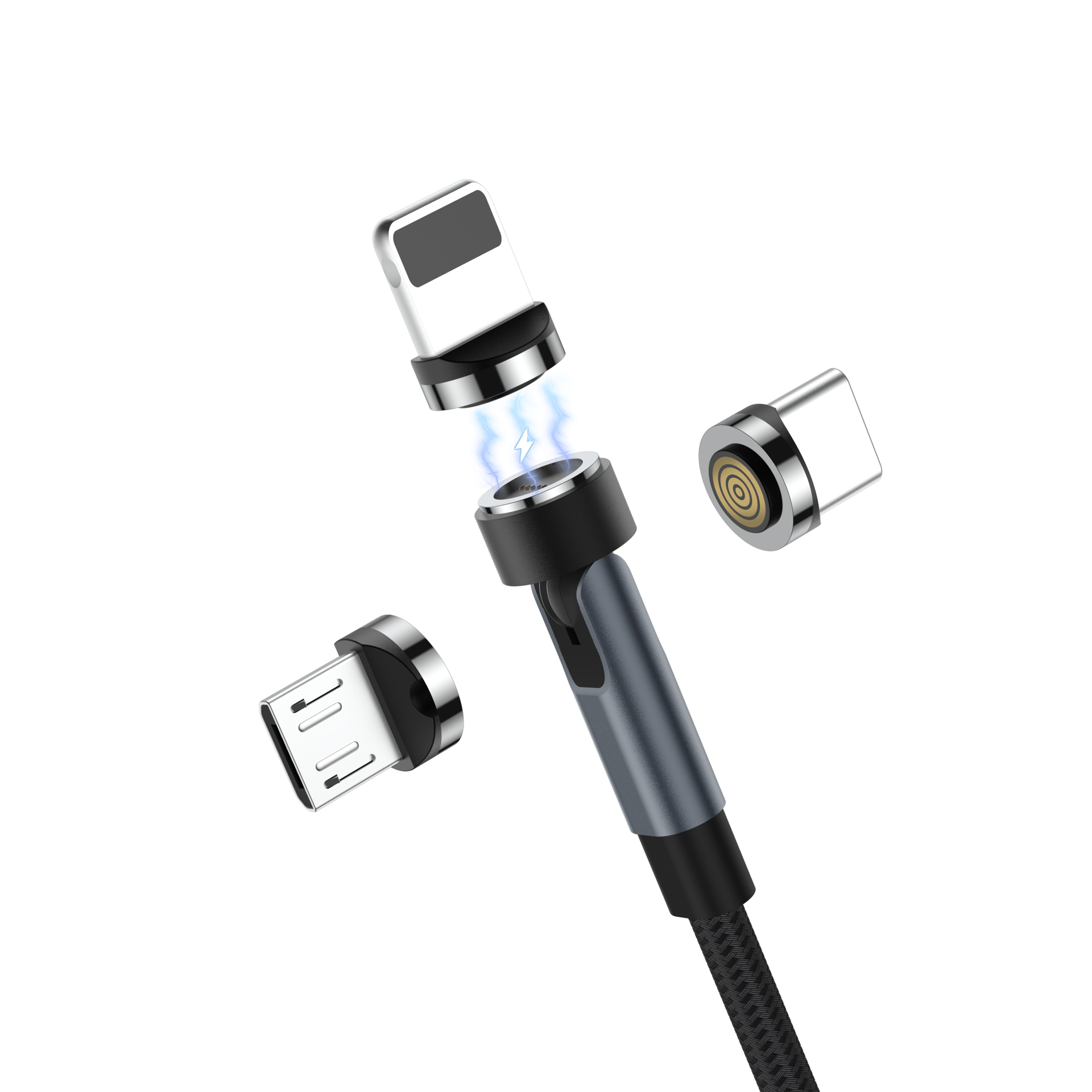 Cabo de Carregamento Magnético 3 em 1 Hubonic, USB-C Lightning, Micro USB Giratório, Nylon Trançado, Iphone, Samsung, 2 Metros