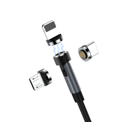 Cabo de Carregamento Magnético 3 em 1 Hubonic, USB-C Lightning, Micro USB Giratório, Nylon Trançado, Iphone, Samsung, 2 Metros
