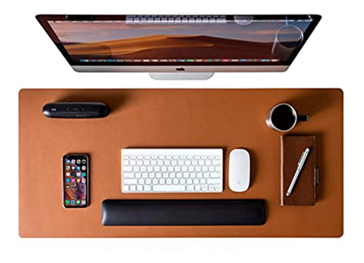 Mouse Pad Desk Pad Eddias, 90x40cm, Couro Ecológico, Minimalista, Mesa Extra Grande, Caramelo