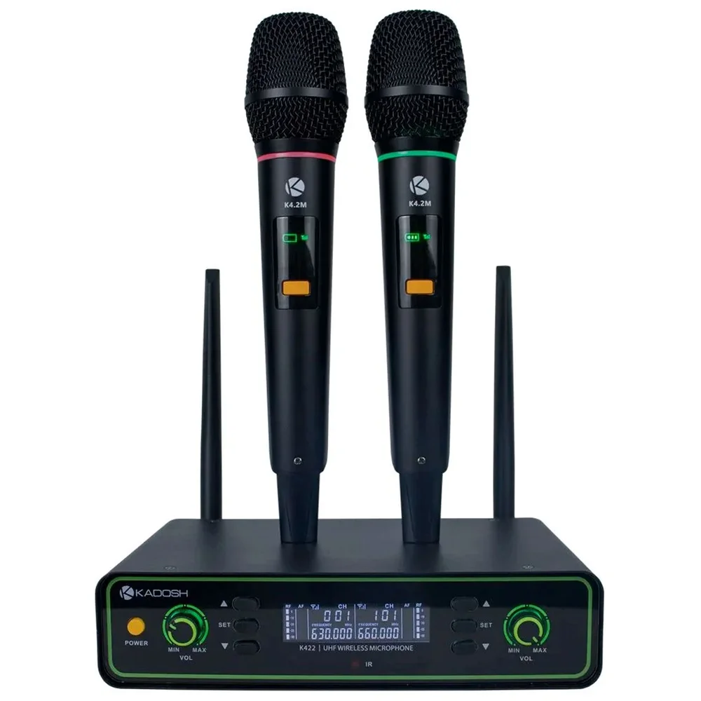Microfone Kadosh Sem Fio Duplo, Uhf, Recarregável, 200 Canais - K422m