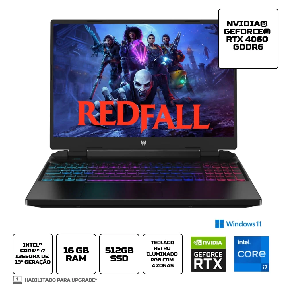 Notebook Predator Helios Neo, Intel Core i7-13ªG, 16GB, SSD 512GB, RTX 4060, Tela 16” WUXGA - Phn16-71-72w6 Notebook Predator Helios Neo, Intel Core i7-13ªG, 16GB, SSD 512GB, RTX 4060, Tela 16” WUXGA - Phn16-71-72w6