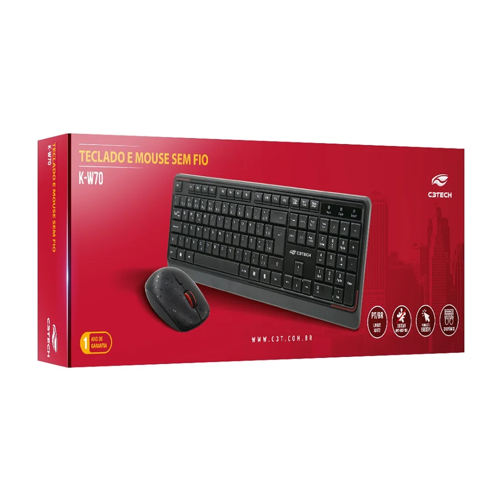 Imagem 5 de 5 do produto Kit Teclado E Mouse C3tech K-w70bk Wireless Abnt2 Perfil Baixo 1600dpi 4 Botões - Preto