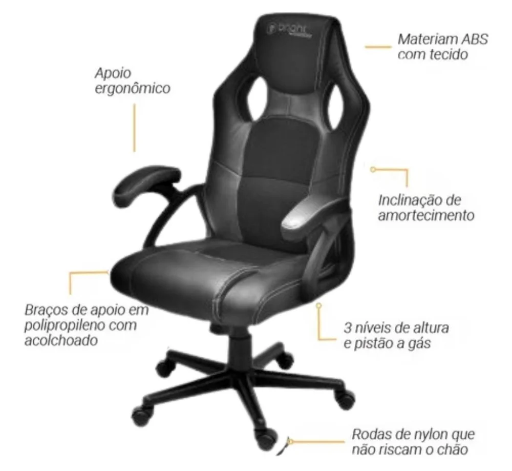 Cadeira Gamer Bright, até 120Kg, Reclinável, Preto Cadeira Gamer Bright, até 120Kg, Reclinável, Preto